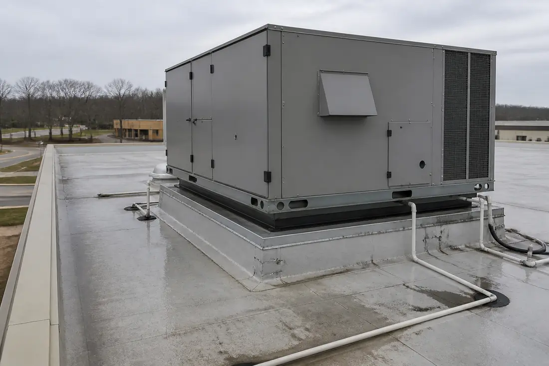 A large rooftop mechanical unit standing close to the edge of a commercial roof