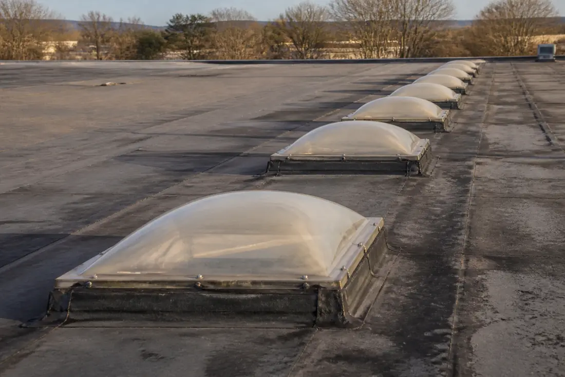 A row of domed skylights set flush in a low-slope commercial roof deck